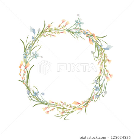 Soft watercolor floral wreath yellow and blue small flowers and meadow grasses isolated on white. Gentle round Easter frame of tiny wildflowers hand drawn templates for spring design cards, packaging. 125024525