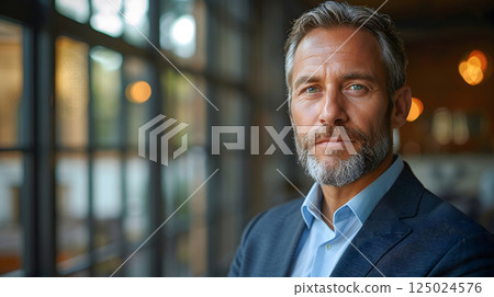 Professional confident middle aged gray hair beard handsome businessman CEO wearing stylish elegant suit standing smiling relaxed in modern office workspace successful leader charming expression 125024576