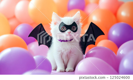 playful white cat wearing bat wings and mask sits among colorful balloons, creating whimsical and festive atmosphere. This adorable scene captures spirit of fun and celebration 125024600