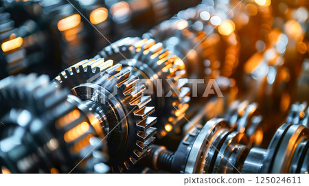 Closeup detail silver metal metallic gear parts industrial machinery shiny reflection texture for precision engineering technology mechanical design equipment workshop tools craftsmanship cog wheel 125024611