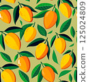 Bright and juicy seamless pattern with ripe mangoes and fresh green leaves on a delicate light green background. Suitable for textiles, packaging, wallpapers, web design backgrounds and other creative 125024809