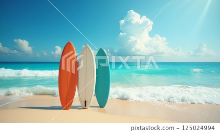 Three colorful surfboards standing on tropical beach near sea with turquoise waves and bright sky. Summer vacation and surf lifestyle with copy space 125024994