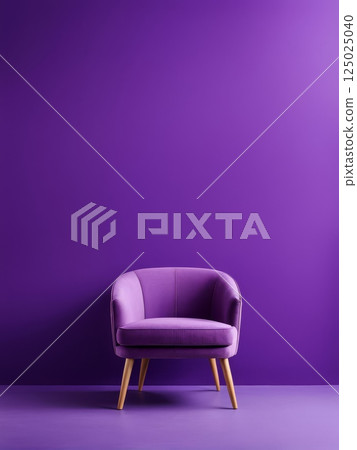 Purple velvet armchair with wooden legs on monochrome purple background in modern minimalist interior 125025040