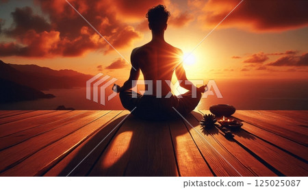 Man meditating in lotus pose on wooden deck at sunrise with ocean view, candles, lotus flower and mountains in background 125025087
