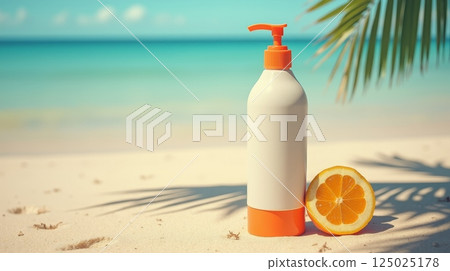 White cosmetic bottle with orange pump and sliced orange on sandy beach with turquoise sea. Skincare and beauty product mockup, copy space 125025178