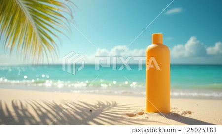 Yellow sunscreen mockup bottle on sandy beach with palm leaf shadow and turquoise sea on background, summer vacation concept, copy space 125025181