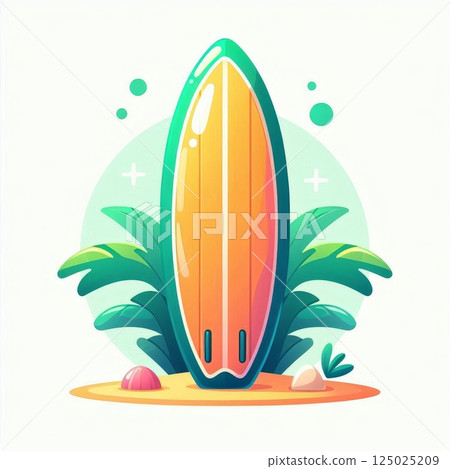 Bright surfboard on tropical beach with palm leaves and seashells, cartoon summer vacation and surfing concept illustration 125025209