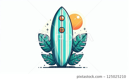 Striped surfboard with tropical leaves and sun, cartoon summer beach illustration for surfing and vacation themed designs 125025210