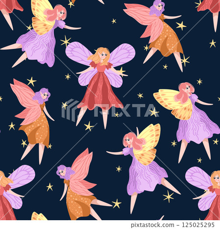 Cute pixie girl flying in seamless pattern. Illustration of fairies on starry night sky. Ideal for whimsical packaging, and textile 125025295