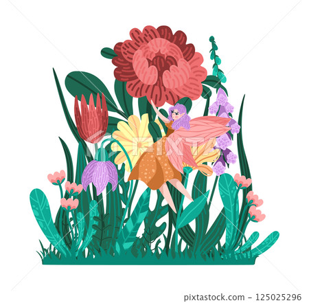 Cute elf girl flying in starlit flower garden. Flat illustration of fairy with magical plants. Night fantasy scene for storybook or greeting card. Ideal for whimsical packaging, and story books 125025296