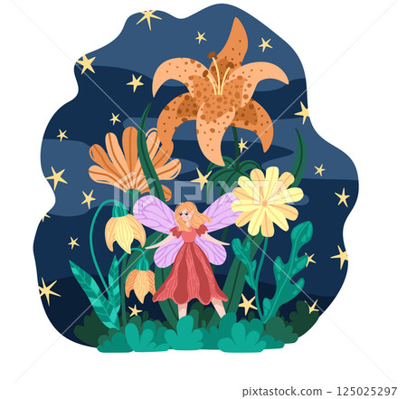 Blonde fairy with lilac wings in moonlit flower field. Fantasy character among large colorful blooms. Fairytale vector with dreamy nighttime setting. Great for magical garden themes and nature decor 125025297
