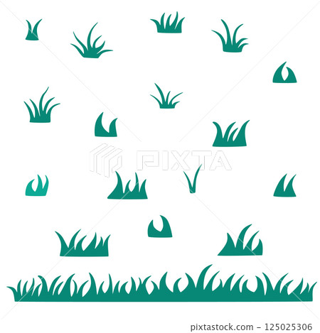 Set of flat vector grass in simple cartoon style. Green leafy plant shapes on white background. Minimal garden elements for outdoor illustrations. Isolated grass set for scene building and design 125025306
