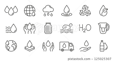 Water Conservation And Sustainability Line Icon Set. Hydration, Recycling, And Global Water Management Outline Symbol. Environmental Protection. Editable Stroke. Isolated Vector Illustration 125025307