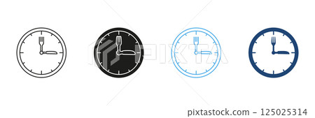 Fork And Knife As Clock Hands Indicating Time To Eat Line and Silhouette Icon Set. Mealtime Or Lunchtime Schedule Outline and Solid Symbol. Isolated Vector Illustration 125025314