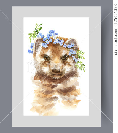 Ferocious ferret, ready to attack enemy, looks at screen on print. Watercolor artwork Ferocious ferret, ready to attack enemy, looks at screen on print. Watercolor artwork 125025358