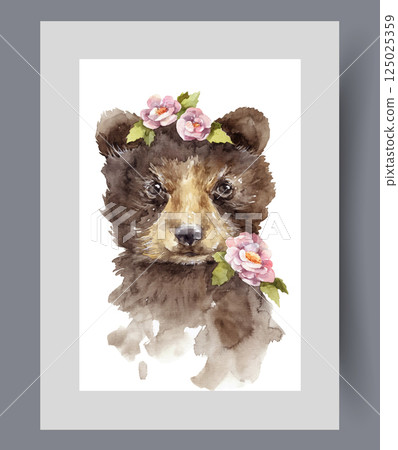 Little brown bear or grizzly bear with pink flowers around face on wall art. . Watercolor artwork Little brown bear or grizzly bear with pink flowers around face on wall art. . Watercolor artwork 125025359