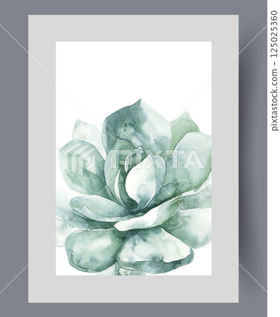 Homemade green plant in shape of flower made of large petals on wall art. Watercolor artwork 125025360