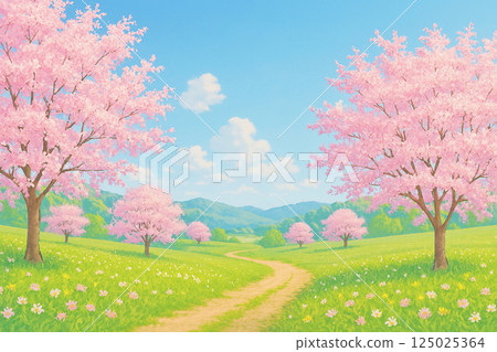 A view of cherry blossom trees in full bloom and blue spring skies 125025364