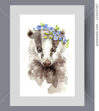 Beautiful raccoon with wreath of flowers on head and striped fur on wall art. Watercolor artwork 125025367