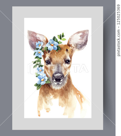 Small fawn from nature reserve with flowers on head looks at screen on print. Watercolor artwork 125025369