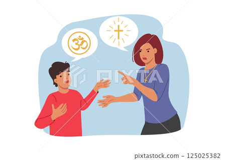Religious conflict between angry mother and son, due to adherence to different faiths 125025382
