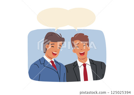Laughing business men stand under dialogue clouds with copy space after hearing joke about managers 125025394