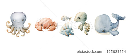 Sea Animals Whale Octopus Turtle Crab Fishes Watercolor Clipart isolated on white. Cute ocean marine creatures hand drawn illustration set for kids nursery decor wall sticker undersea baby shower Sea Animals Whale Octopus Turtle Crab Fishes Watercolor Clipart isolated on white. Cute ocean marine creatures hand drawn illustration set for kids nursery decor wall sticker undersea baby shower 125025554