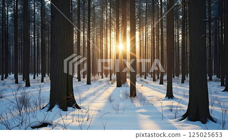 First Light: Sunbeams and Shadows in a Winter Forest 125025653