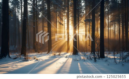 Tranquil Winter Morning: Sunlight and Shadows in the Forest 125025655