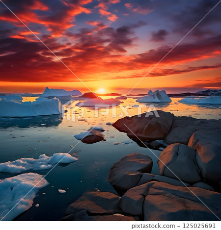 Fiery Sunset Over Greenland's Rocky Coast and Icebergs Fiery Sunset Over Greenland's Rocky Coast and Icebergs 125025691