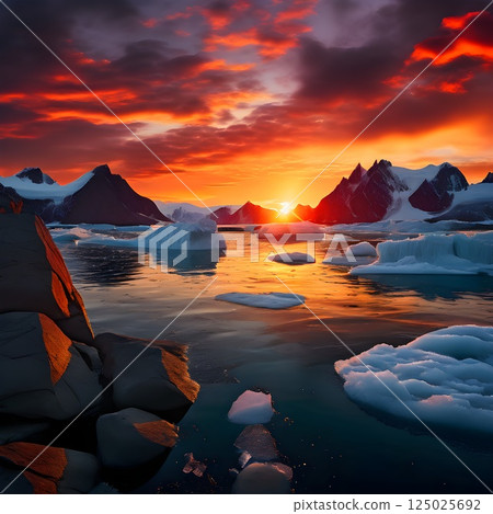 Sunset Blaze: Icebergs and Rocky Shores of Greenland 125025692