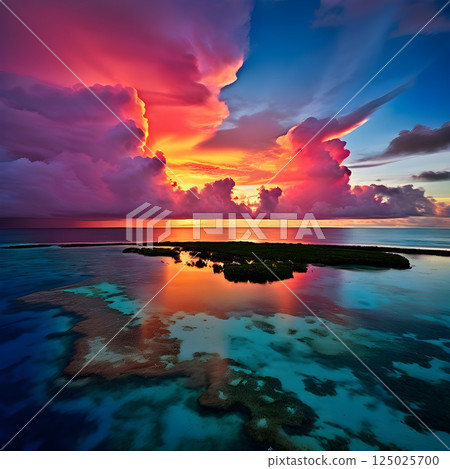 Sunset Spectrum: Rainbow Clouds Above a Remote Coral Atol 125025700