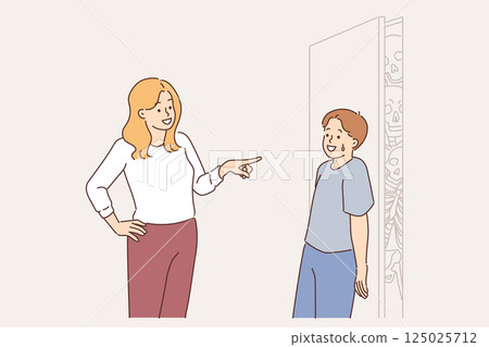 Child hiding something from mother, calling to clean room, standing near door with skeletons 125025712