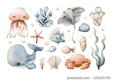 Sea animals and plants clipart set. Cute Ocean Whale Jellyfish Stingray Crab Angelfish Seaweed Coral Shell Watercolor hand drawn isolated illustration for kids nursery wall baby shower undersea design 125025730