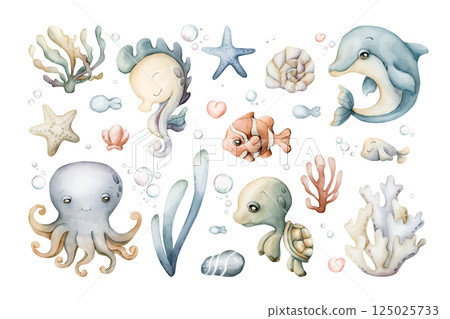 Sea animals and plants clipart set. Cute Ocean Dolphin Octopus Seahorse Turtle Clown fish Seaweed Coral Shell Watercolor hand drawn isolated illustration for kids nursery baby shower undersea design 125025733