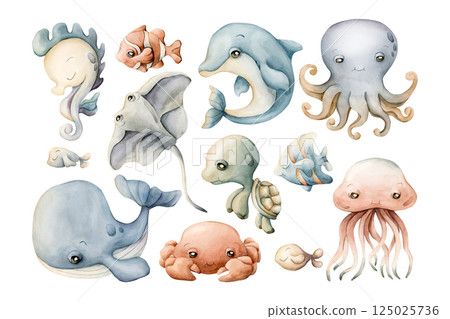Sea Animals Whale Dolphin Turtle Watercolor Clipart isolated on white. Cute ocean marine creatures jellyfish, seahorse, octopus, crab hand drawn. Fishes set of illustration for kids nursery wall decor Sea Animals Whale Dolphin Turtle Watercolor Clipart isolated on white. Cute ocean marine creatures jellyfish, seahorse, octopus, crab hand drawn. Fishes set of illustration for kids nursery wall decor 125025736