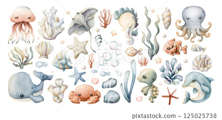 Sea animals and plants clipart. Cute Ocean Marine inhabitants set. Adorable underwater world creatures. Watercolor hand painted isolated illustration for kids nursery wall decor sticker baby shower Sea animals and plants clipart. Cute Ocean Marine inhabitants set. Adorable underwater world creatures. Watercolor hand painted isolated illustration for kids nursery wall decor sticker baby shower 125025738