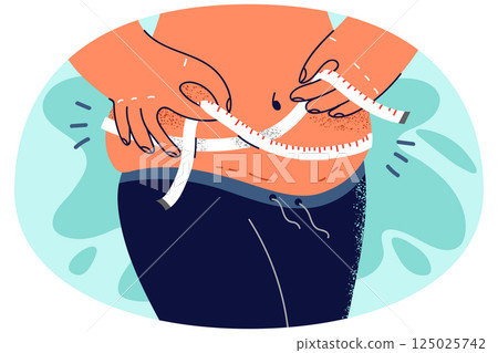 Overweight woman measure waist with tape 125025742