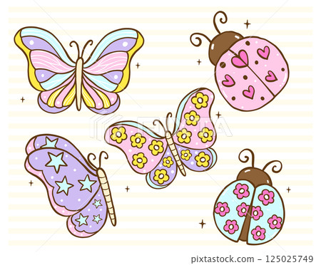 Cute Pastel Spring insects Butterfly and ladybugs Doodle Hand Drawn Cartoon Illustration collcetion 125025749