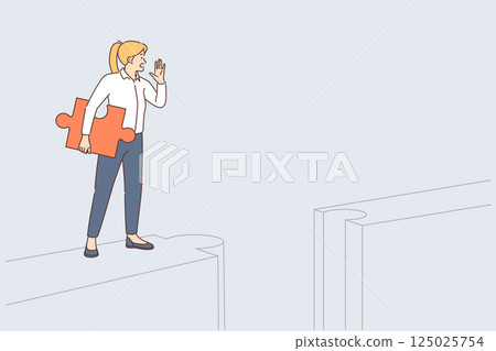 Challenge for business woman stands near cliff and asking for help to overcome difficulties 125025754