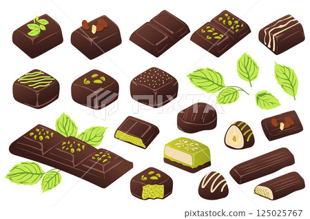 Dubai chocolate set in flat graphic design. Collection isolated elements with dark cocoa candies with green pistachio cream filling, pieces bar or slices, trendy arabian dessert. Vector illustration. 125025767