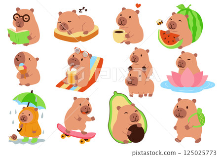 Capybaras characters set in flat graphic design. Collection isolated elements of cute pet reading book, sleeping, drinking coffee, eating watermelon or ice cream, sleeping, other. Vector illustration. 125025773