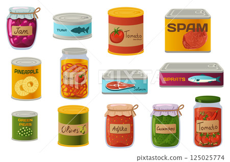 Cans preserved products set in flat graphic design. Collection isolated elements of glass and aluminum packing with jam, tuna, tomato, pineapple, salmon, green peas, olive, other. Vector illustration. 125025774