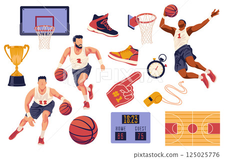 Basketball set in flat graphic design. Collection isolated elements of team players jumping and running, ball, field, basket, sneakers, electronic scoreboard, trophy cup, other. Vector illustration. 125025776
