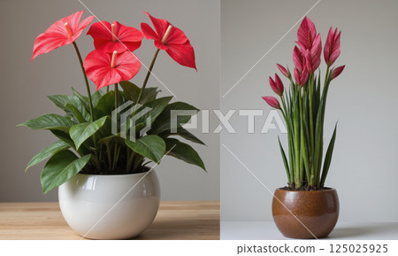 Anthurium (Anthurium andraeanum) Bright red or pink waxy flowers with glossy green leaves in a sleek metallic planter, a white 125025925
