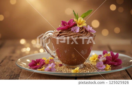A mocha mousse-filled chocolate cup garnished with edible flowers and gold flakes, presented on a sleek glass tray. The mousse's 125025926