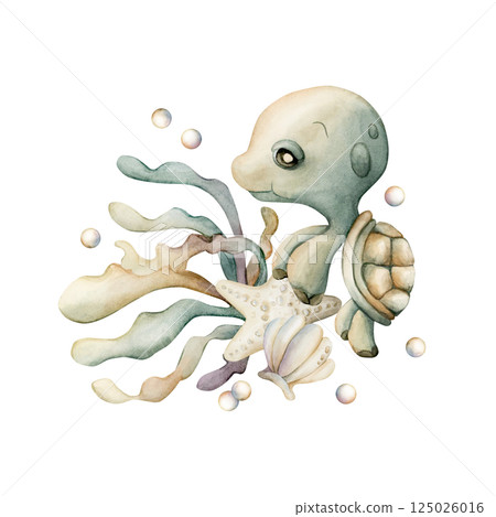 Cute Turtle with seaweed algae starfish sea shell and pearls. Adorable marine ocean underwater world. Watercolor hand painted isolated illustration for kids nursery wall decor sticker baby shower 125026016
