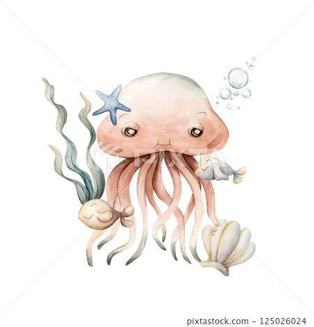 Cute Jellyfish with fishes sea shell star seaweeds water bubbles. Marine ocean animal. Adorable soft underwater world. Watercolor hand painted isolated illustration for kids nursery decor baby shower Cute Jellyfish with fishes sea shell star seaweeds water bubbles. Marine ocean animal. Adorable soft underwater world. Watercolor hand painted isolated illustration for kids nursery decor baby shower 125026024