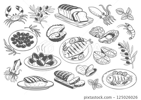 Set of hand drawn simple Mediterranean food. Fish seafood oysters cheese olives bread. Sketch, illustration for cafe or restaurant menu design. 125026026