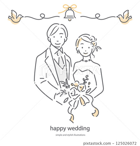 新婚夫婦：簡單而時尚的線條畫插圖 125026072